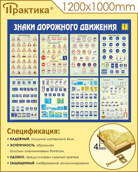 С48 Стенд знаки дорожного движения (1200х1000 мм, пластик ПВХ 3 мм, алюминиевый багет золотого цвета) - Стенды - Стенды по безопасности дорожного движения - магазин "Охрана труда и Техника безопасности"